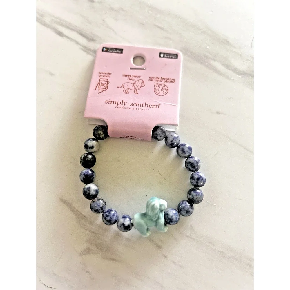 Simply Southern Conserve & Protect Tracking Lion Bracelet Blue Marbled Stones #5